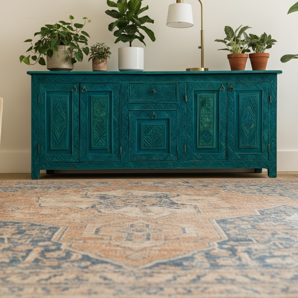 Hand-Carved Teal & Aqua Blue Sideboard – Bohemian Rustic Luxe Buffet & Media Console