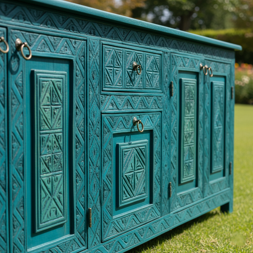 Hand-Carved Teal & Aqua Blue Sideboard – Bohemian Rustic Luxe Buffet & Media Console