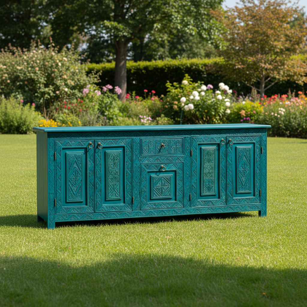 Hand-Carved Teal & Aqua Blue Sideboard – Bohemian Rustic Luxe Buffet & Media Console