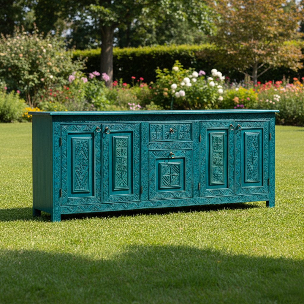 Hand-Carved Teal & Aqua Blue Sideboard – Bohemian Rustic Luxe Buffet & Media Console