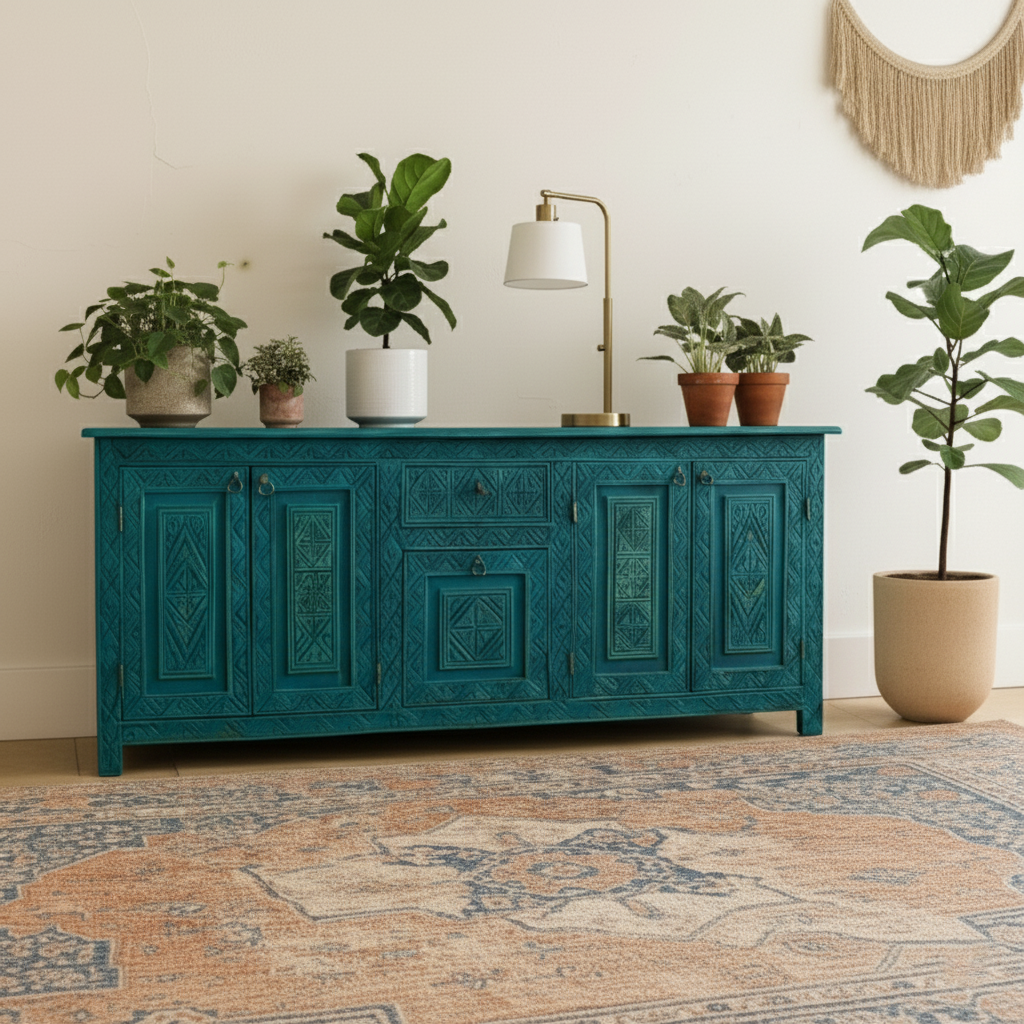 Hand-Carved Teal & Aqua Blue Sideboard – Bohemian Rustic Luxe Buffet & Media Console