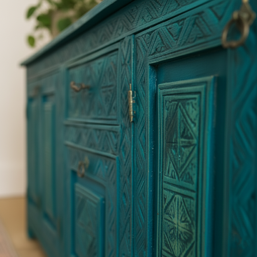 Hand-Carved Teal & Aqua Blue Sideboard – Bohemian Rustic Luxe Buffet & Media Console