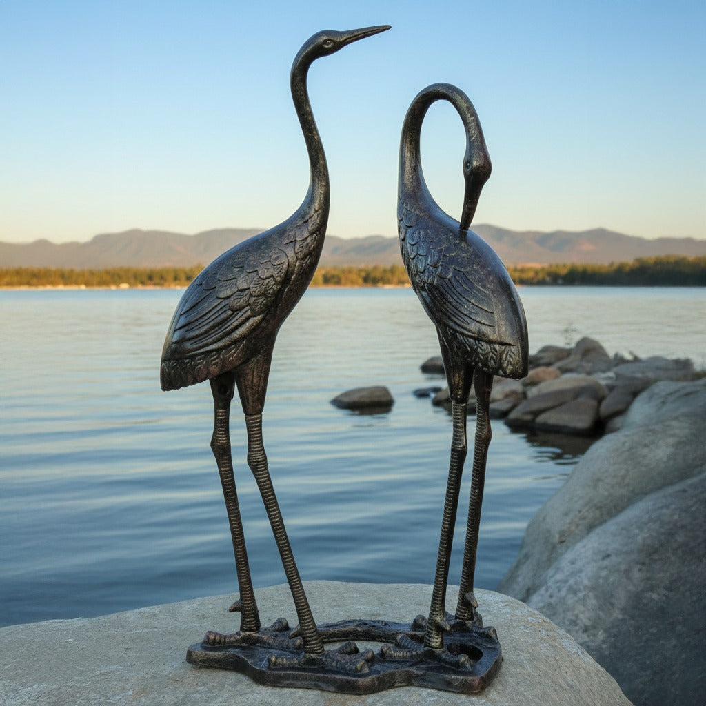 58" Dual Heron Marble-Finish Resin Garden Sculpture