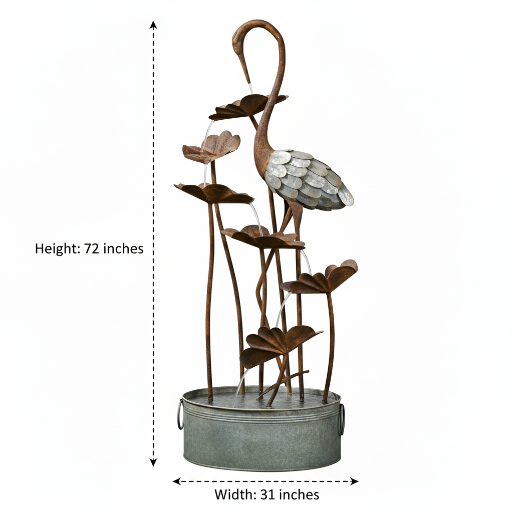 72" Handmade Rustic Metal Heron & Lily Pad Water Fountain
