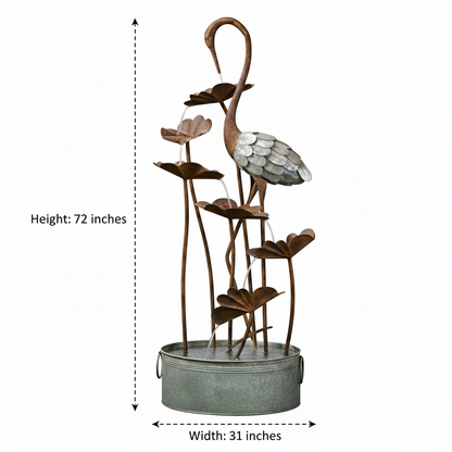 72" Handmade Rustic Metal Heron & Lily Pad Water Fountain