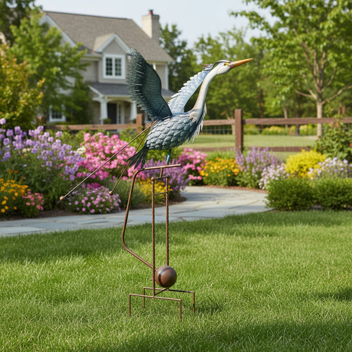 62" Handmade Metal Heron Kinetic Wind Spinner – Garden Sculpture