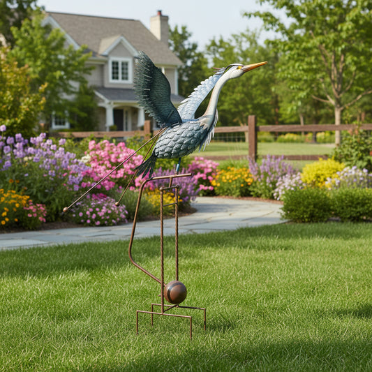 62" Handmade Metal Heron Kinetic Wind Spinner – Garden Sculpture
