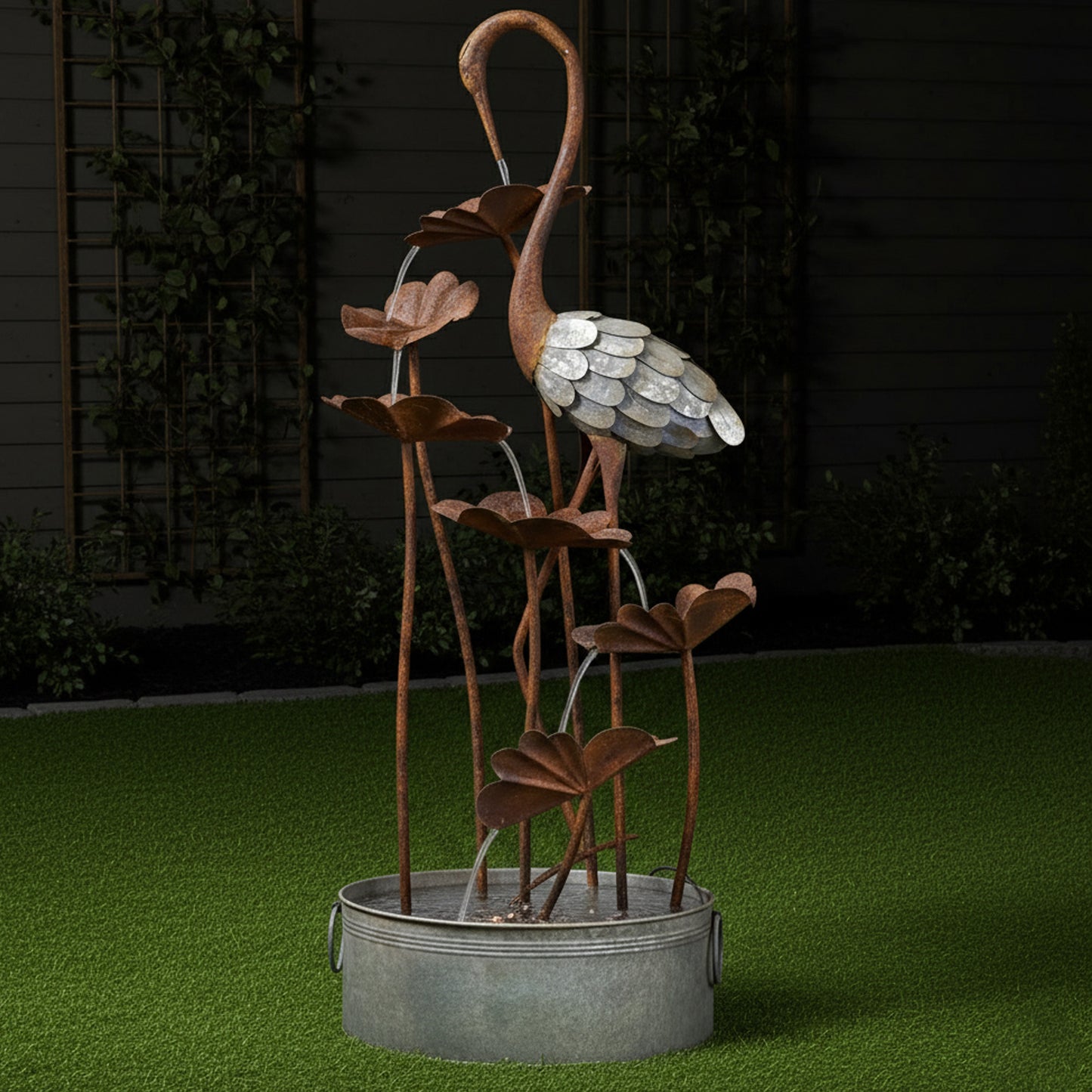 72" Handmade Rustic Metal Heron & Lily Pad Water Fountain