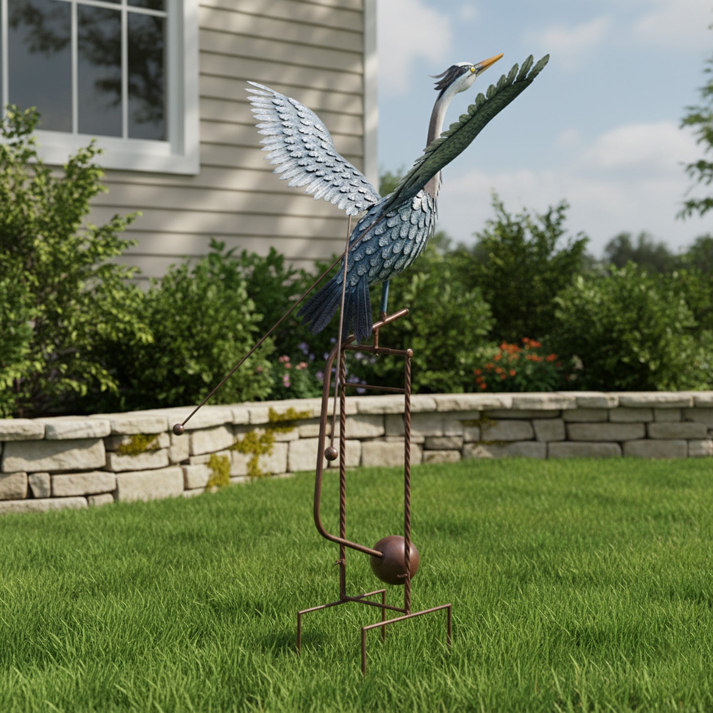 62" Handmade Metal Heron Kinetic Wind Spinner – Garden Sculpture