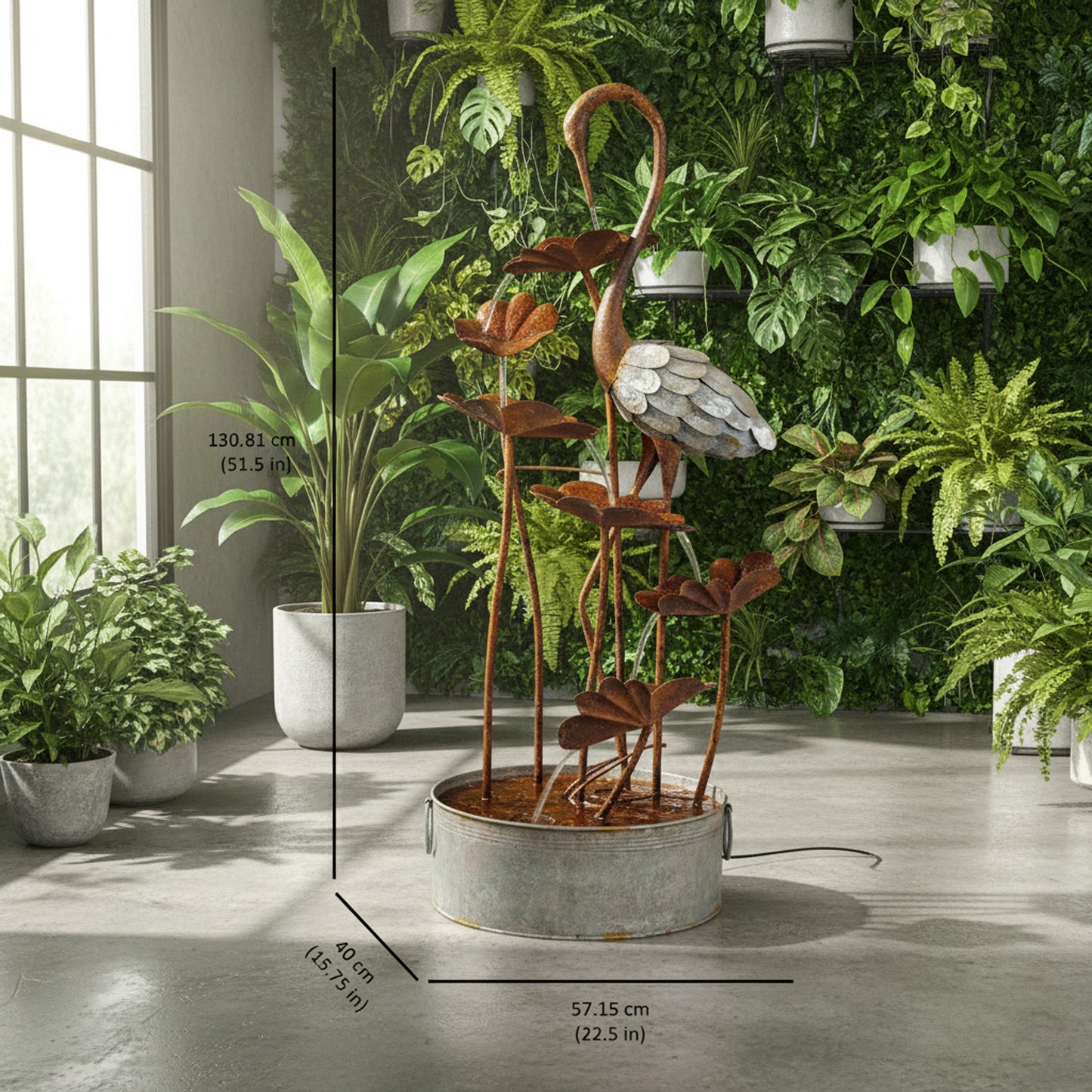 72" Handmade Rustic Metal Heron & Lily Pad Water Fountain