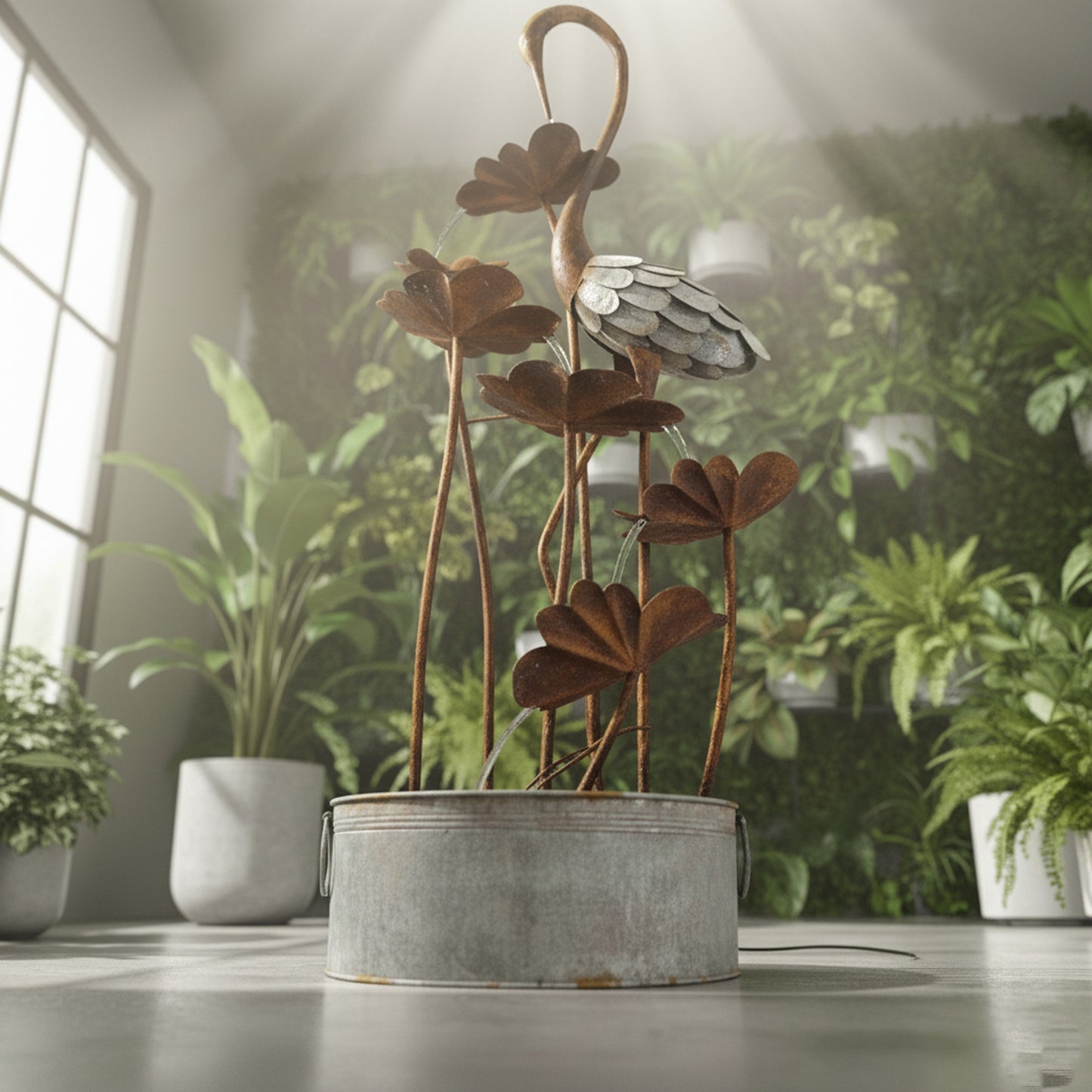 72" Handmade Rustic Metal Heron & Lily Pad Water Fountain