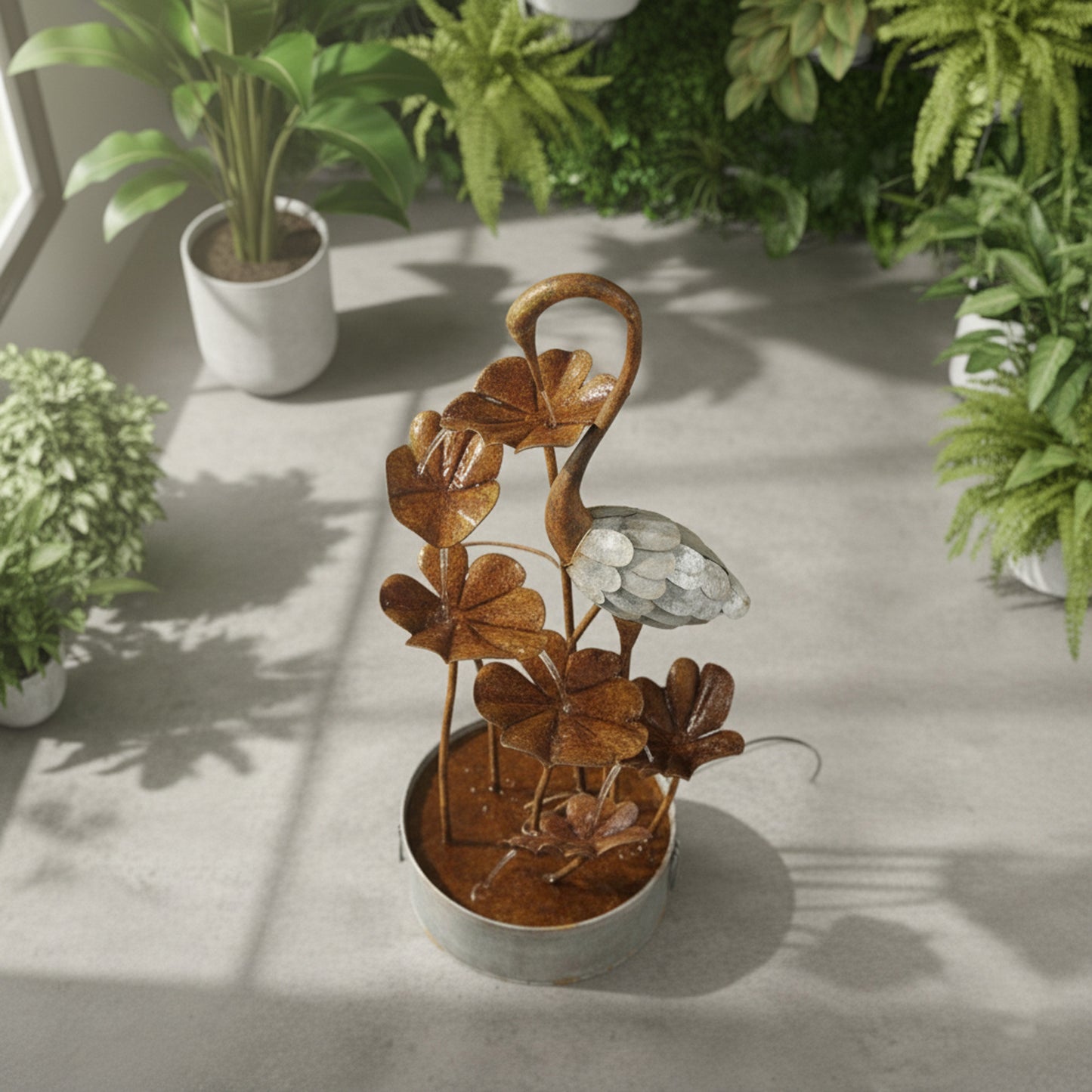 72" Handmade Rustic Metal Heron & Lily Pad Water Fountain