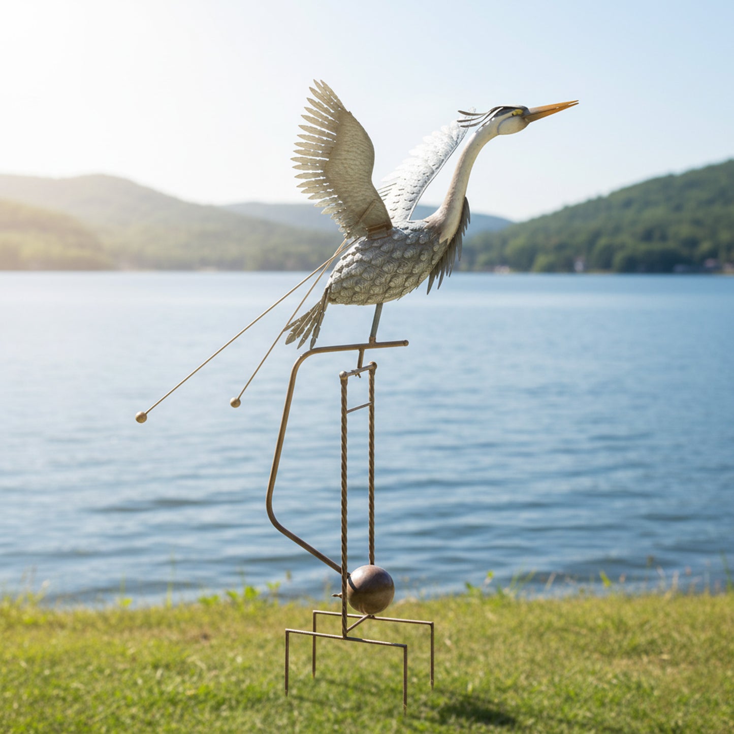 62" Handmade Metal Heron Kinetic Wind Spinner – Garden Sculpture