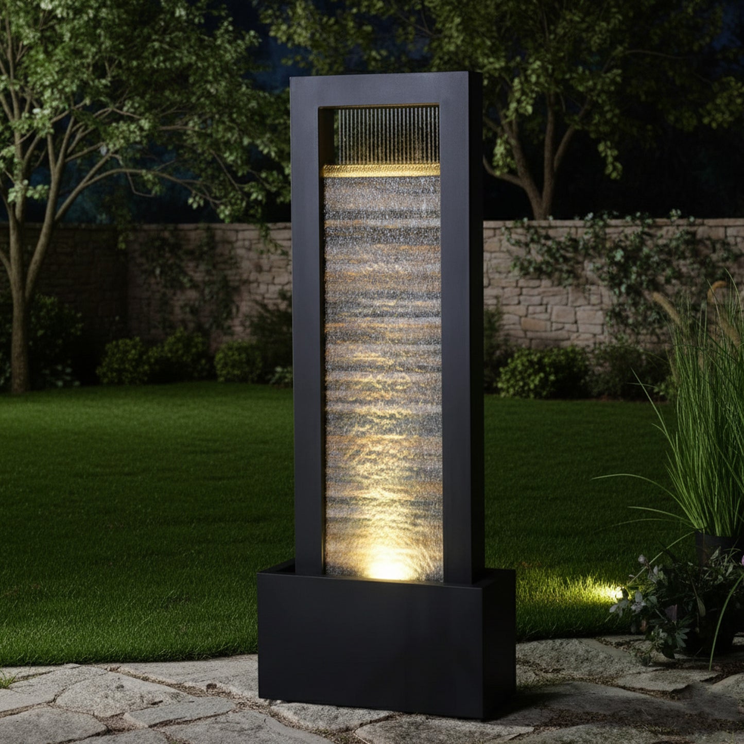 68" Modern LED-Lit Metal Outdoor Water Fountain Sculpture