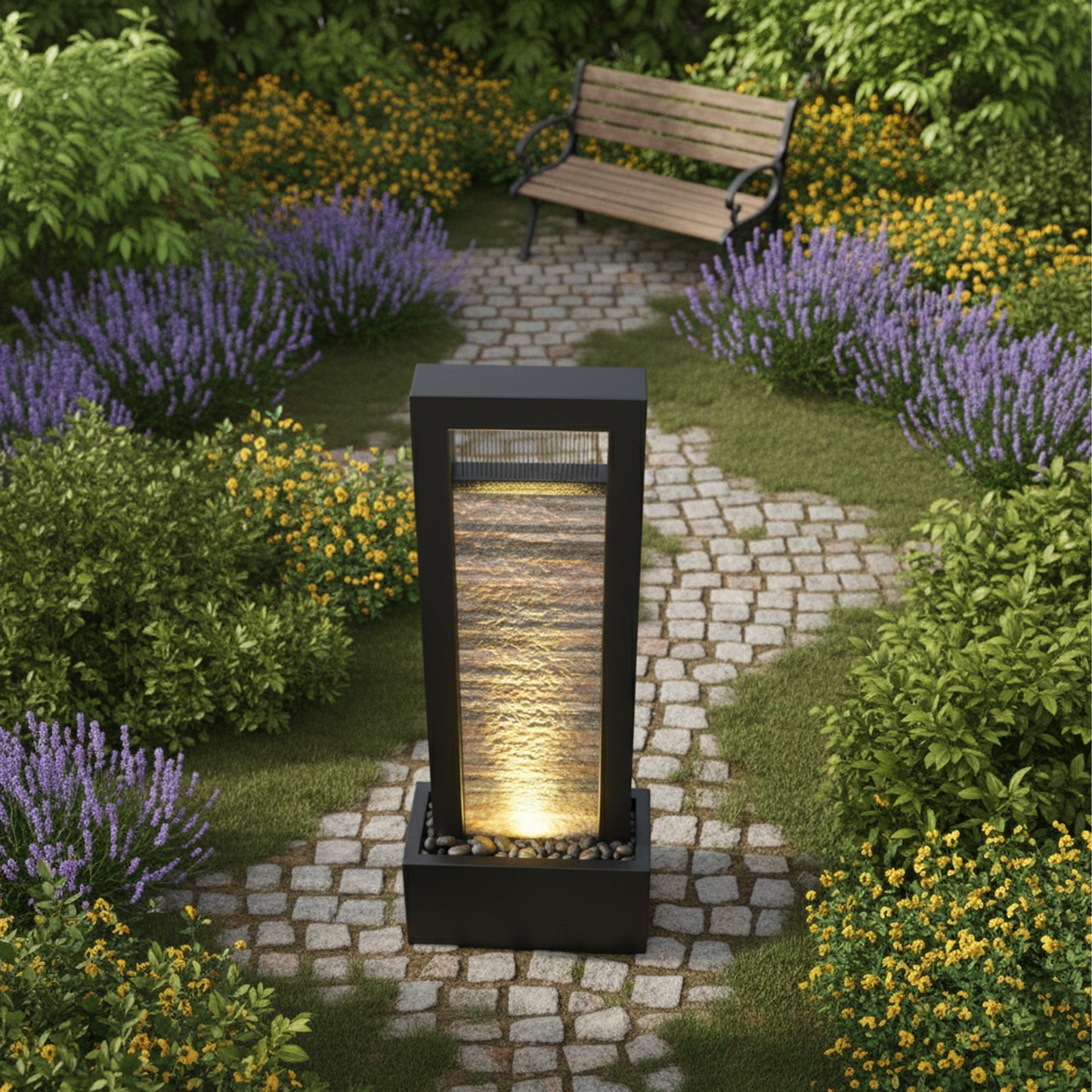 68" Modern LED-Lit Metal Outdoor Water Fountain Sculpture