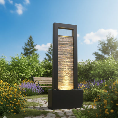 68" Modern LED-Lit Metal Outdoor Water Fountain Sculpture