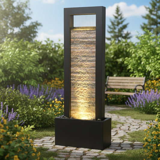 68" Modern LED-Lit Metal Outdoor Water Fountain Sculpture