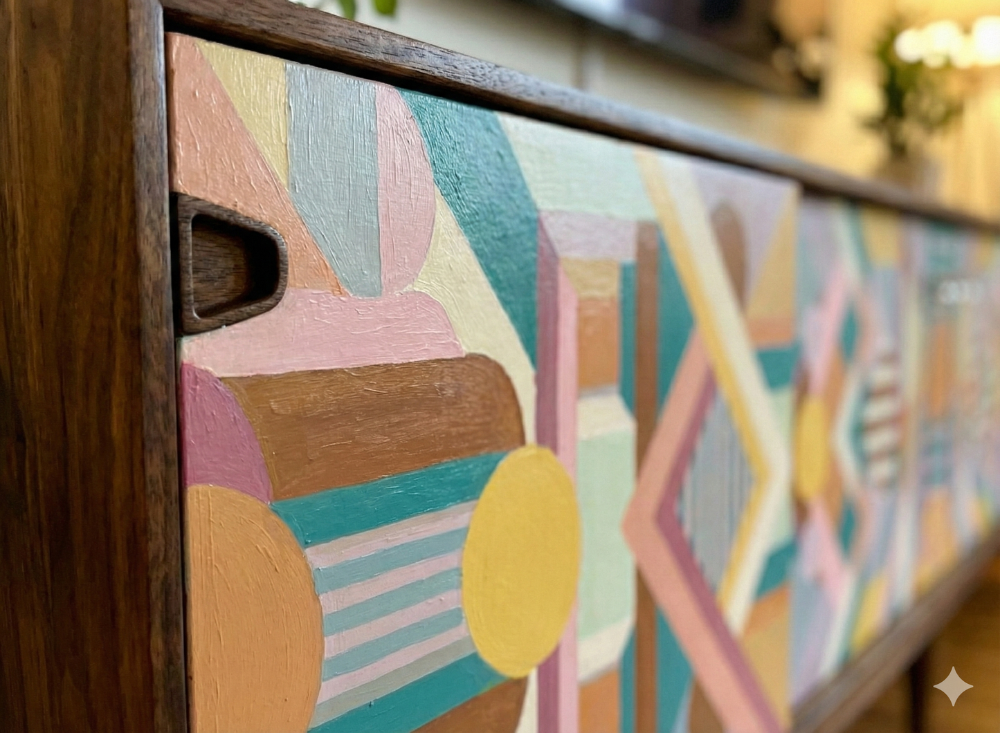 Hand-Painted Geometric Console Table – Modern Art Furniture & Media Storage