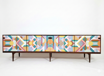Hand-Painted Geometric Console Table – Modern Art Furniture & Media Storage