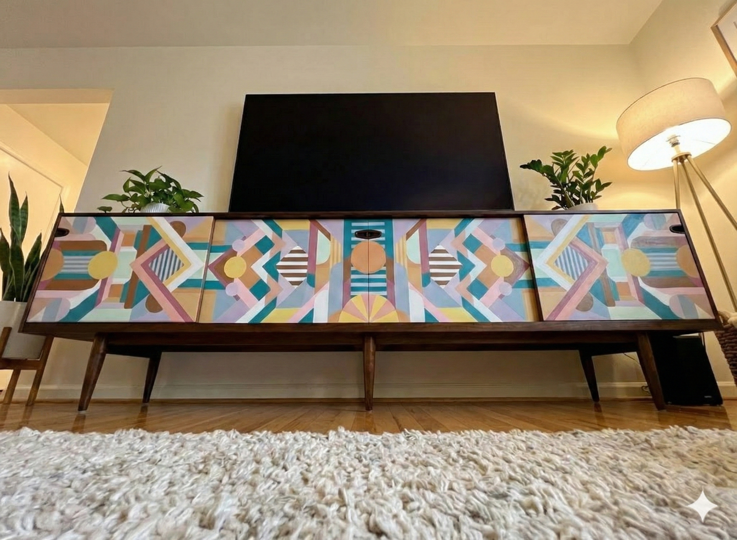 Hand-Painted Geometric Console Table – Modern Art Furniture & Media Storage