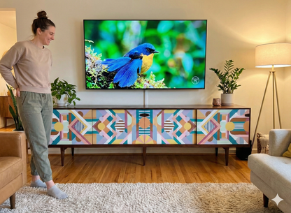 Hand-Painted Geometric Console Table – Modern Art Furniture & Media Storage