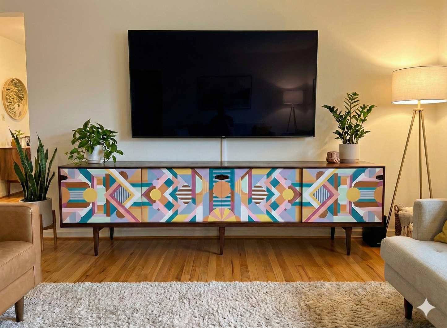 Hand-Painted Geometric Console Table – Modern Art Furniture & Media Storage