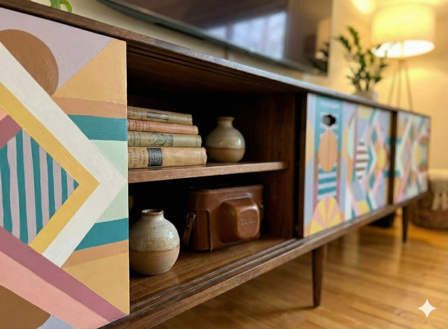 Hand-Painted Geometric Console Table – Modern Art Furniture & Media Storage