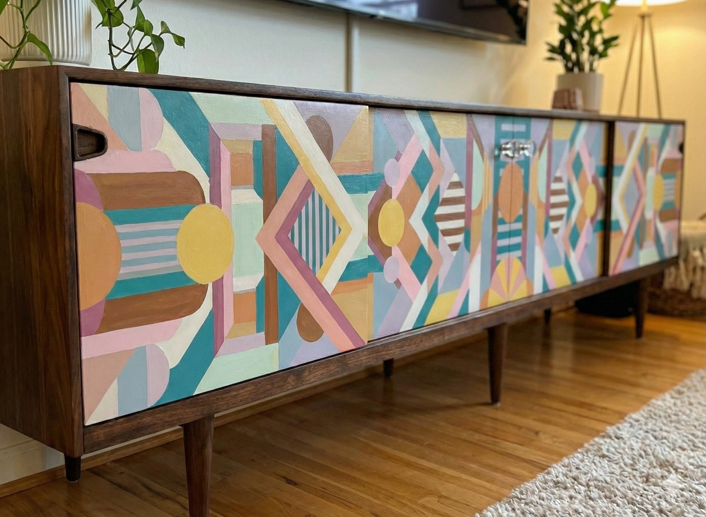 Hand-Painted Geometric Console Table – Modern Art Furniture & Media Storage