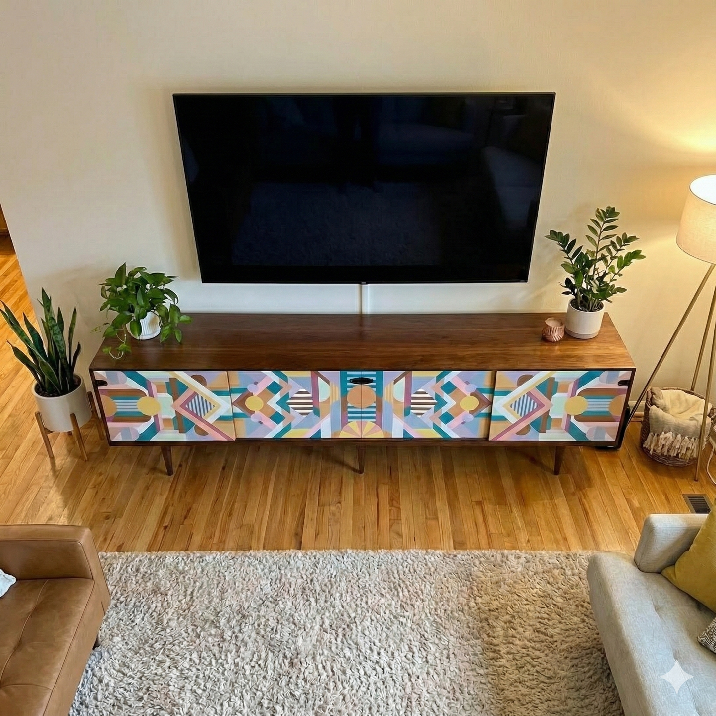 Hand-Painted Geometric Console Table – Modern Art Furniture & Media Storage