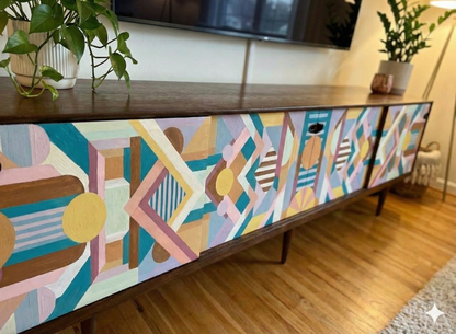 Hand-Painted Geometric Console Table – Modern Art Furniture & Media Storage