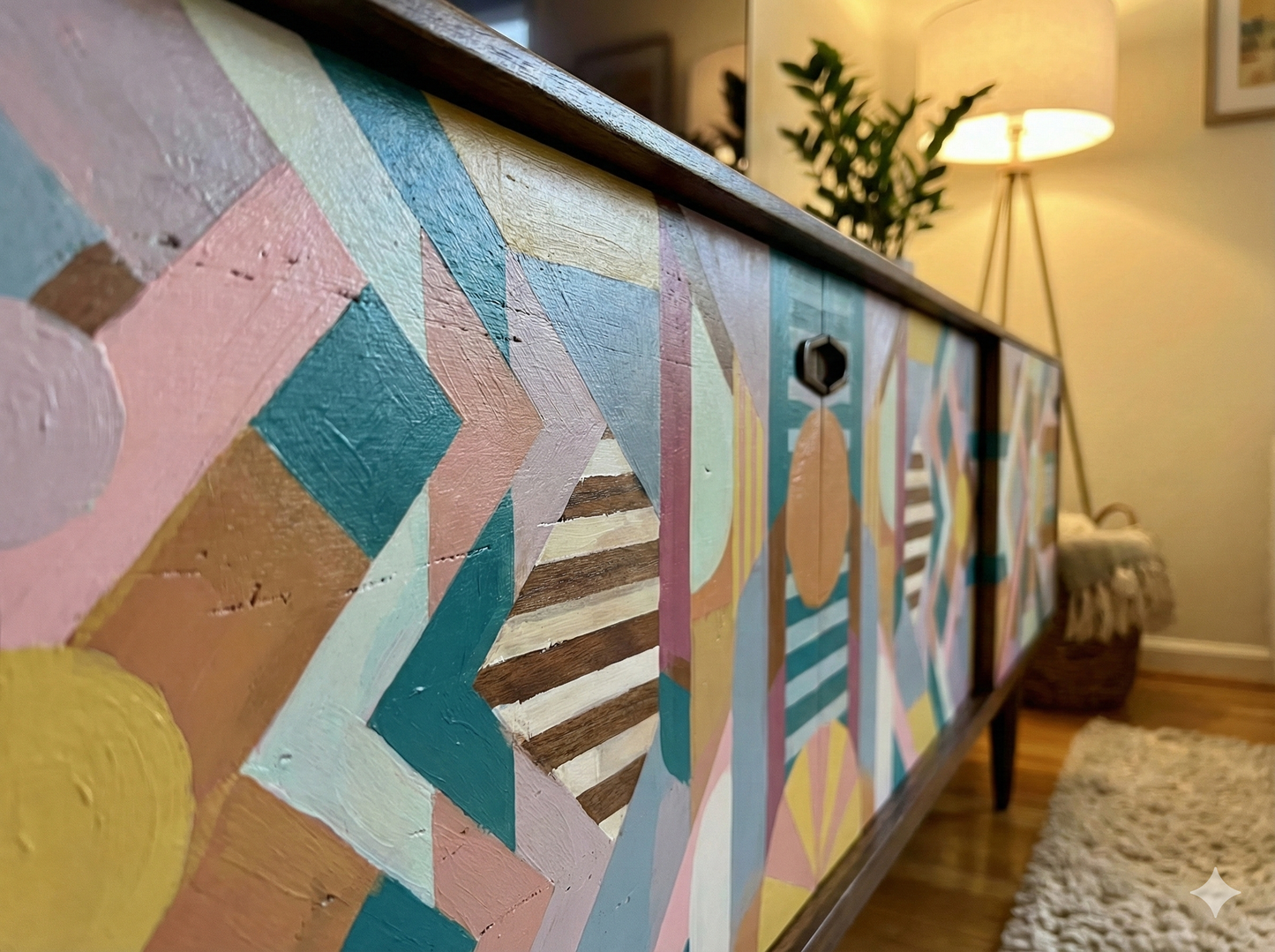 Hand-Painted Geometric Console Table – Modern Art Furniture & Media Storage