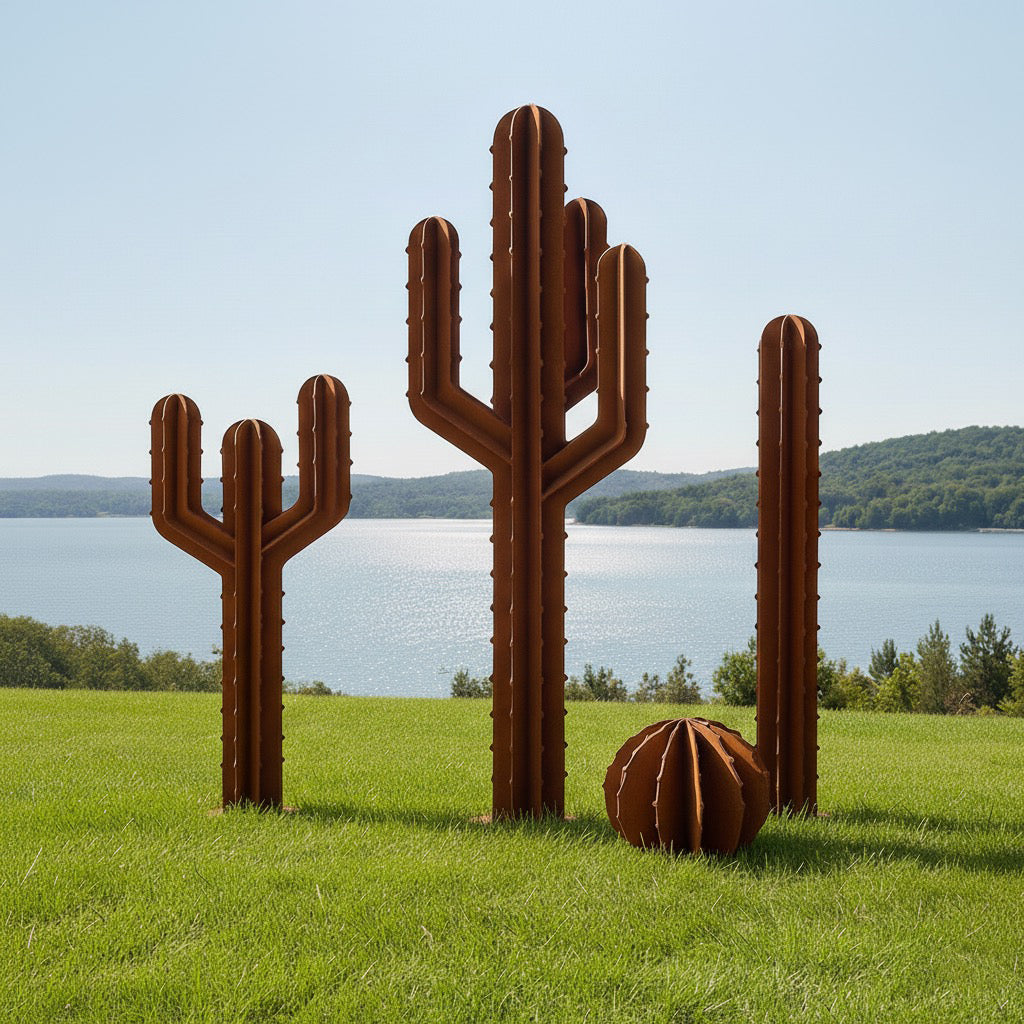 4-Piece Handmade Rustic Metal Cactus Sculpture Set (74"–14")