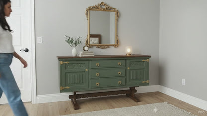 Handcrafted Walnut Sideboard – Vintage Sage Green Storage Cabinet & Console