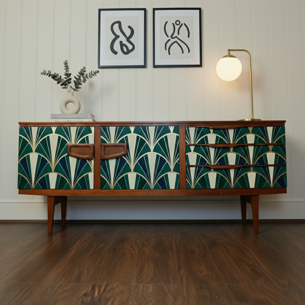 Hand-Painted Vintage Emerald Green Sideboard – Art Deco & Mid-Century Modern Credenza