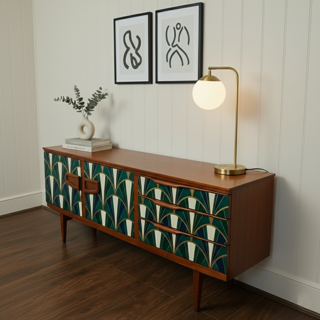 Hand-Painted Vintage Emerald Green Sideboard – Art Deco & Mid-Century Modern Credenza