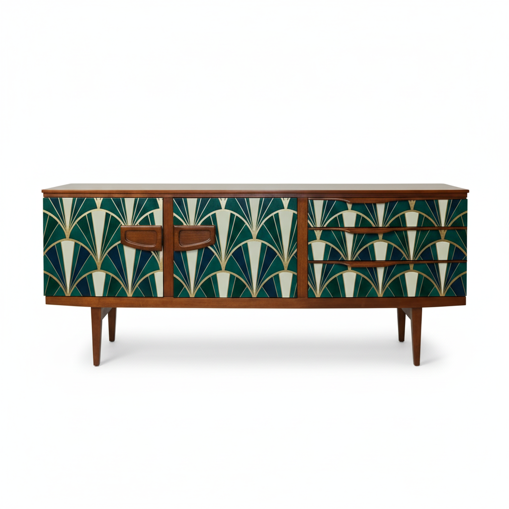 Hand-Painted Vintage Emerald Green Sideboard – Art Deco & Mid-Century Modern Credenza