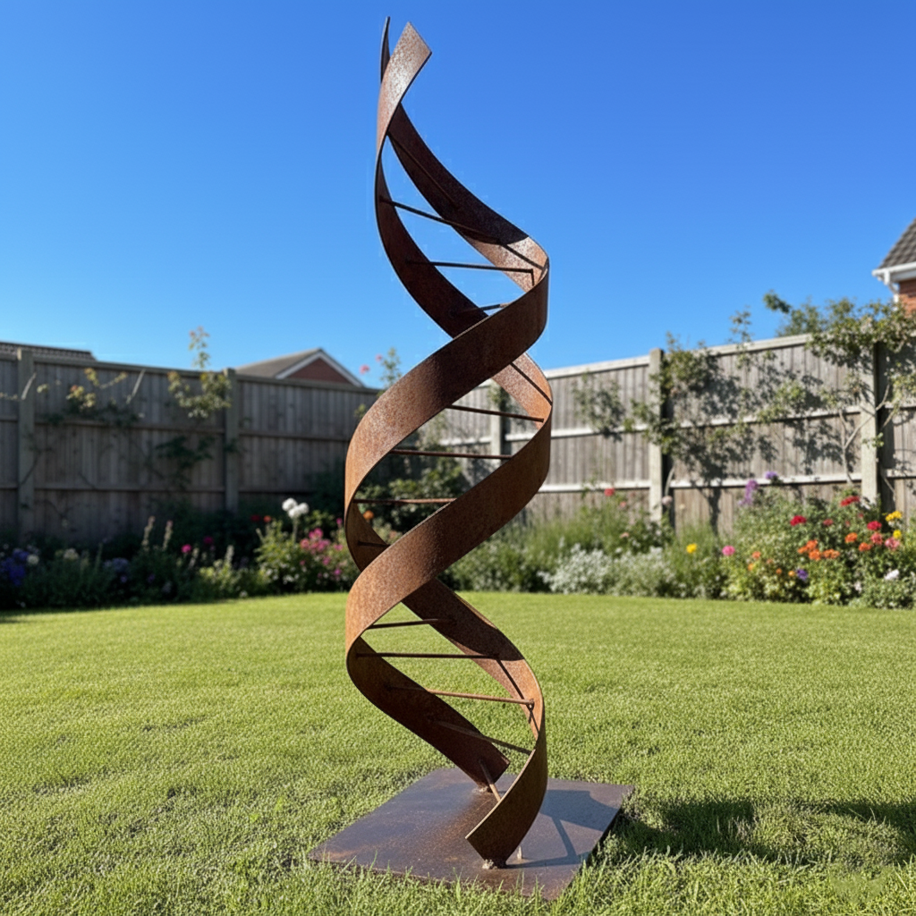 75" Handmade DNA Helix Rustic Metal Garden Sculpture – Modern Scientific Outdoor Art