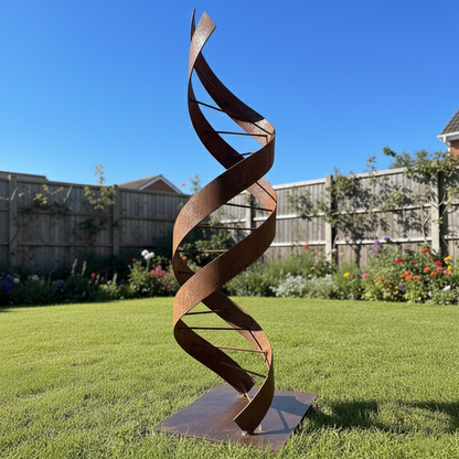 75" Handmade DNA Helix Rustic Metal Garden Sculpture – Modern Scientific Outdoor Art