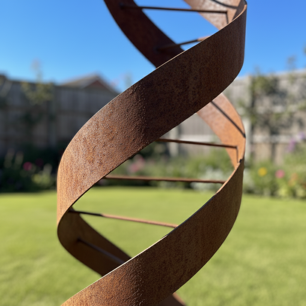 75" Handmade DNA Helix Rustic Metal Garden Sculpture – Modern Scientific Outdoor Art