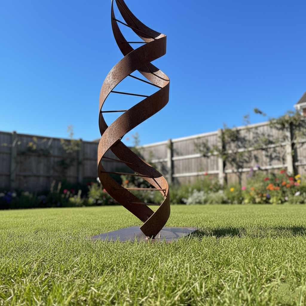 75" Handmade DNA Helix Rustic Metal Garden Sculpture – Modern Scientific Outdoor Art