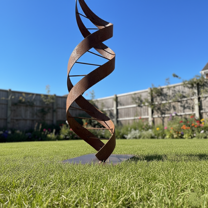 75" Handmade DNA Helix Rustic Metal Garden Sculpture – Modern Scientific Outdoor Art