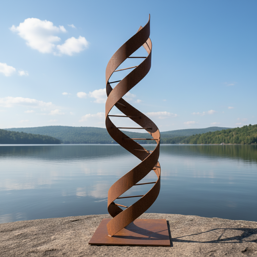75" Handmade DNA Helix Rustic Metal Garden Sculpture – Modern Scientific Outdoor Art