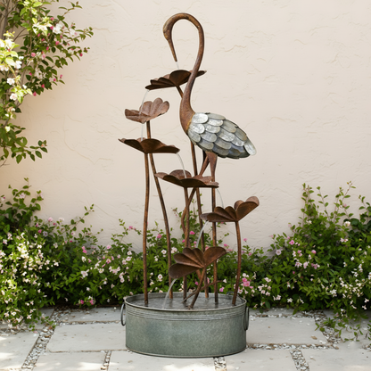 72" Handmade Rustic Metal Heron & Lily Pad Water Fountain