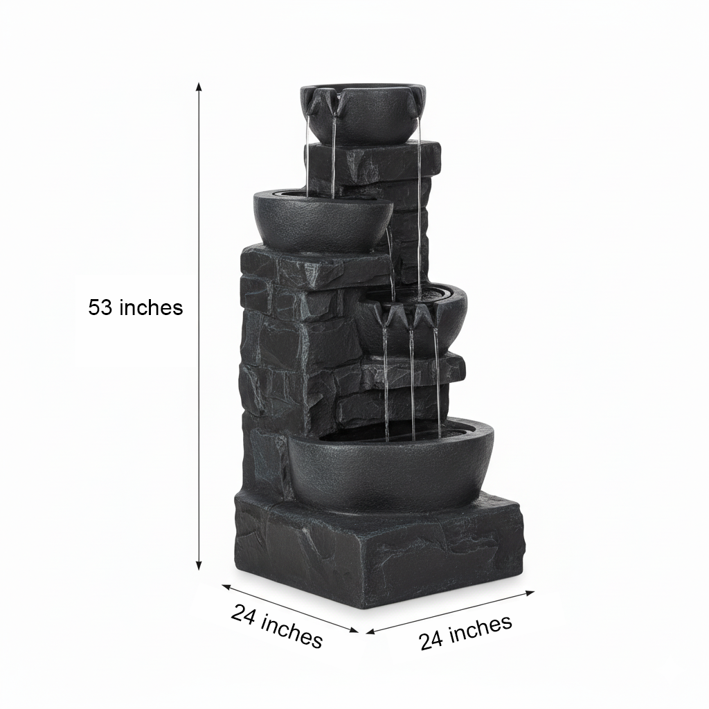 42" Handmade 4-Tier Outdoor Water Fountain with Bird Bath & LED Lights – Polyresin Garden Décor